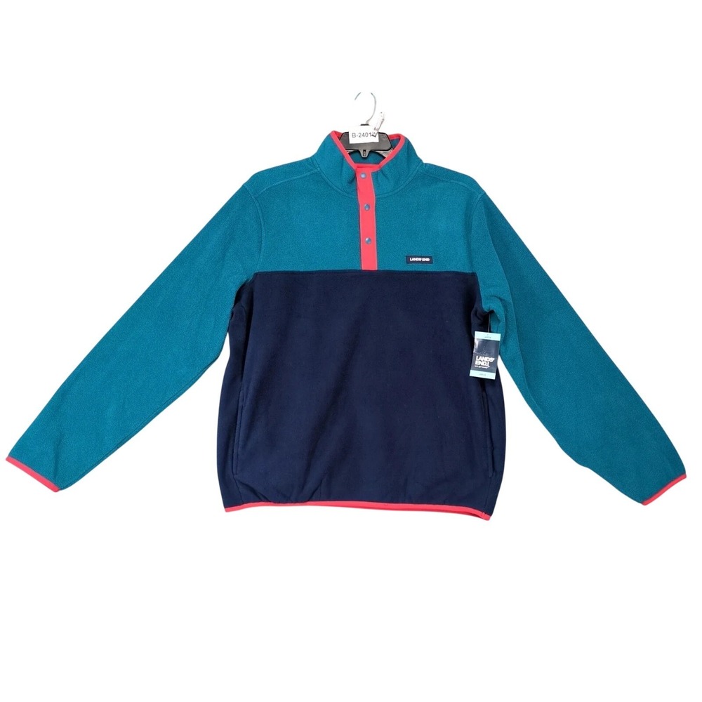 NWT Lands End Blue Colorblock Fleece Jacket Mens L Snap Pullover Coastal Retro